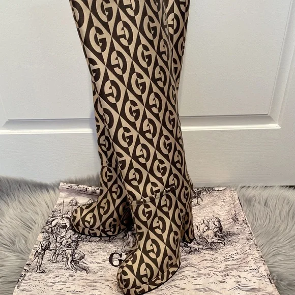 GUCCI Fabric G Rhombus Print Platform Boots Size EU37.5/ US7.5 Beige Cocoa - Picture 5 of 16